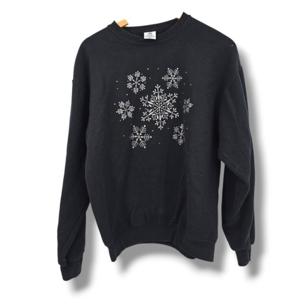 Jerzees‎ Snowflake Sweatshirt Womens Medium Black Holiday Winter Crewneck